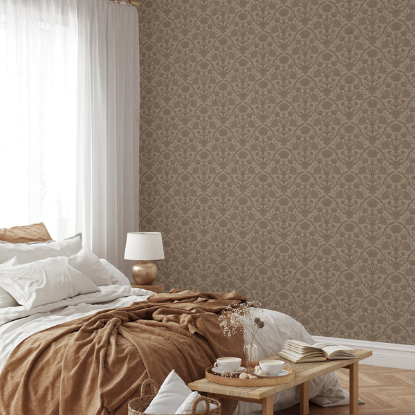 Vintage taupe brown floral wallpaper with delicate contour work, perfect for adding a modest historic pattern to a bedroom or entryway. This removable, eco-friendly wallpaper is easy to apply and reposition, catering to decorators and designers.