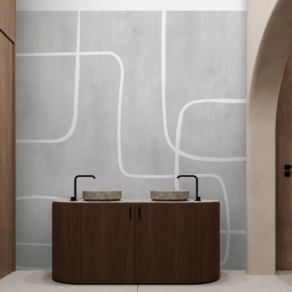 Neutral gray wallpaper with oversized white geometric linework and subtle texture, perfect for Japandi, Scandinavian, and minimalist interiors.