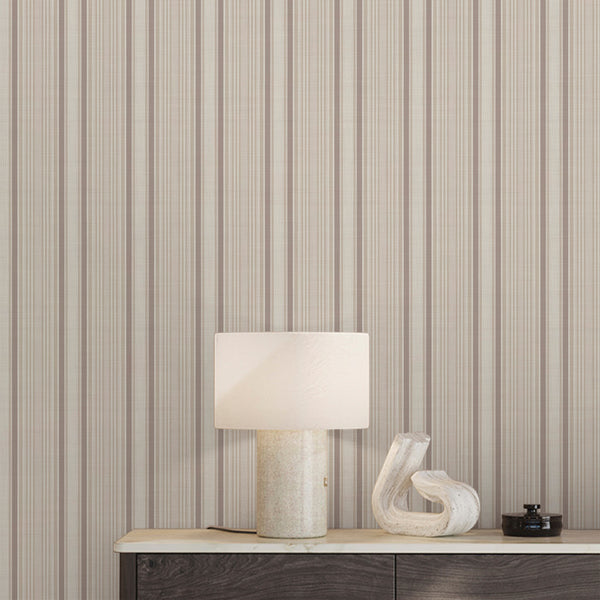Cottagecore wallpaper with warm beige and soft brown woven-style stripes, bringing vintage charm and understated texture to cozy bedroom accent walls.