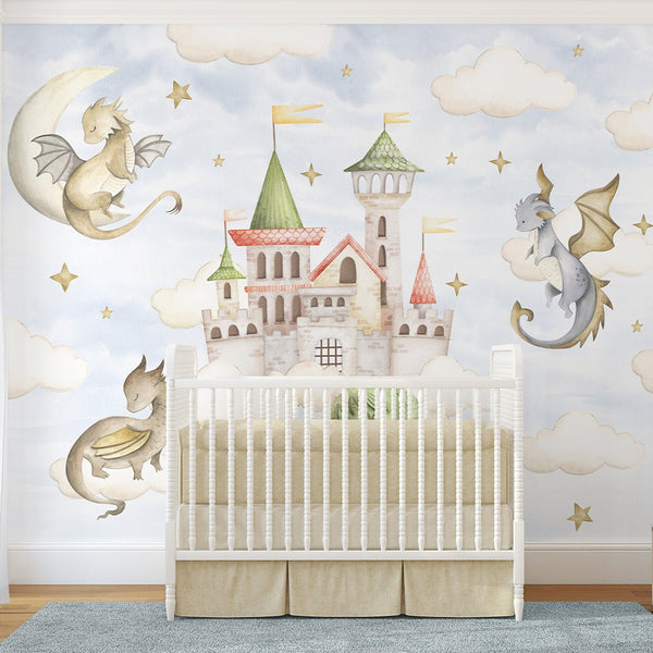 Blue Sky Dragons Castle Wall Mural SM035 - CostaCover - Peel and stick Removable Wallpaper - accent wallpaper - adhesive wallpaper - baby bedroom