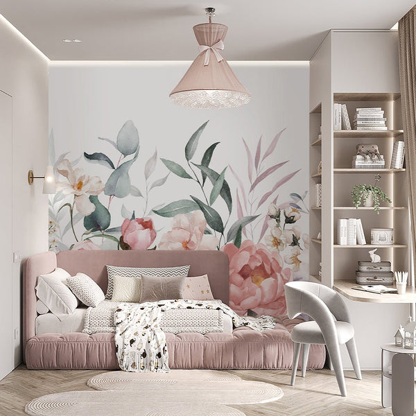 Pastel Pink Green Floral Wall Mural SM024 - CostaCover - Peel and stick Removable Wallpaper - accent wallpaper - adhesive wallpaper - baby bedroom