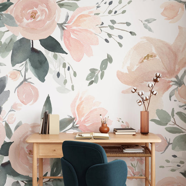 Pink Watercolor Roses Wall Mural WM012 - CostaCover - Peel and stick Removable Wallpaper - adhesive wallpaper - baby bedroom - bedroom wallpaper