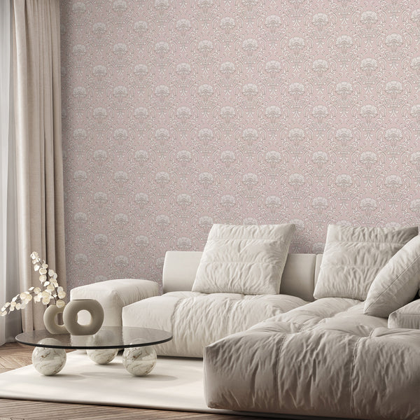 Blush pink damask wallpaper with oversized floral motifs, enhancing a glamorous bedroom. Temporary, high-quality removable material, ideal for designers.