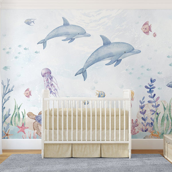Blue Dolphins Wall Mural SM060 - CostaCover - Peel and stick Removable Wallpaper - accent wallpaper - adhesive wallpaper - baby bedroom
