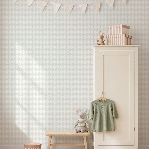 Elegant Pastel Green Rhombus wallpaper, showcasing a low-contrast mint-green and off-white diamond pattern. This traditional unpasted wallpaper is perfect for a neutral living room accent wall, offering a fresh yet understated style. Easy to apply and reposition, it’s a great choice for renters looking for modern wallpaper solutions.
