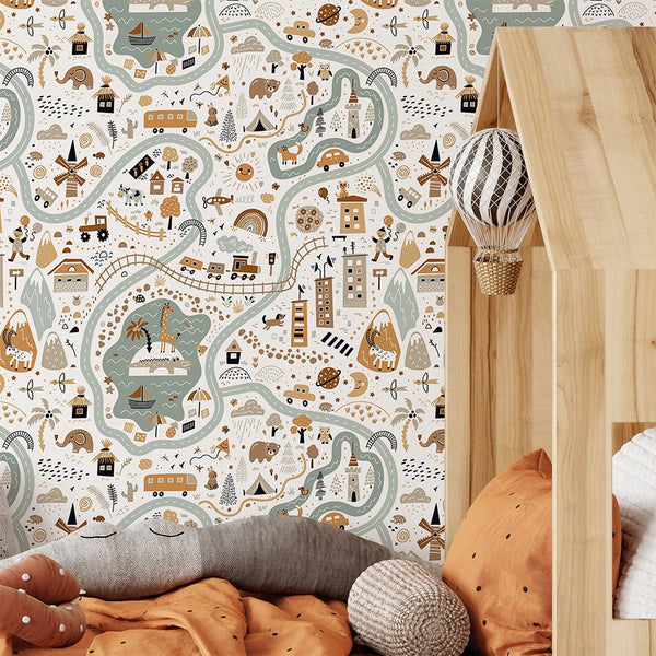 Cartoon World Map Wallpaper CC294 - CostaCover - Peel and stick Removable Wallpaper - adhesive wallpaper - animal print - Animal print wallpaper