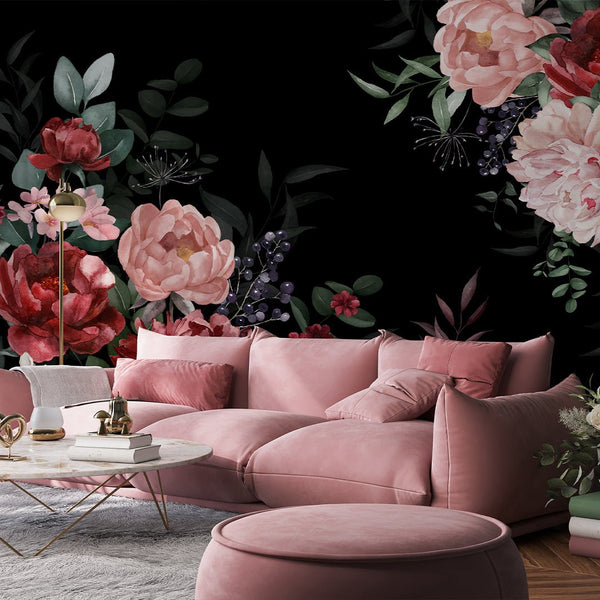 Dark Pink Red Flowers Bouquet Wall Mural SM030 - CostaCover - Peel and stick Removable Wallpaper - abstract floral - accent wallpaper - adhesive wallpaper