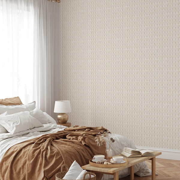 Peel and stick wallpaper with narrow damask motifs, easy to apply and perfect for renters seeking classic decor.