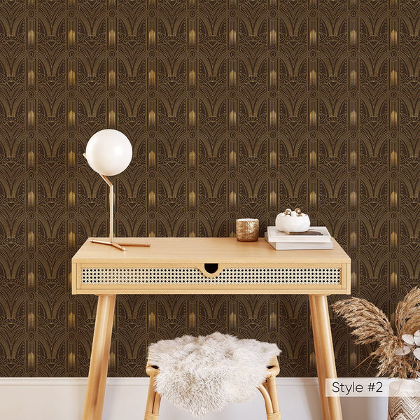 Blue Brown Gold Art Deco Wallpaper CC320 - CostaCover - Peel and stick Removable Wallpaper - Abstract Beige Gold Stripes Waves Removable Wallpaper near me - accent wallpaper - adhesive wallpaper