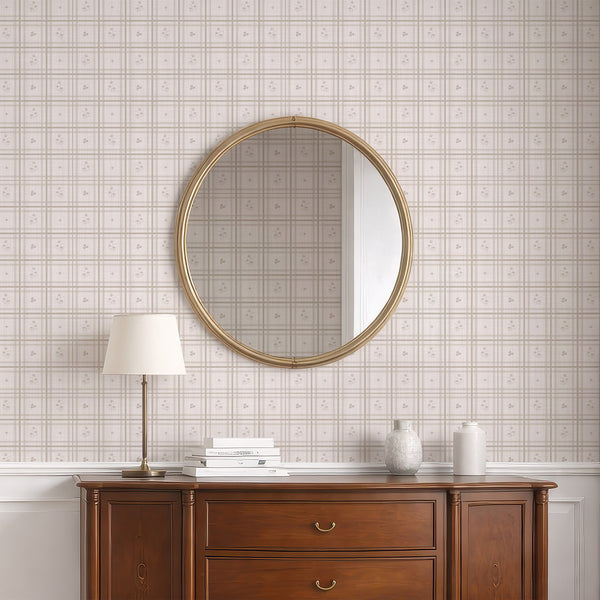 Taupe Greige Plaid Floral Wallpaper L146