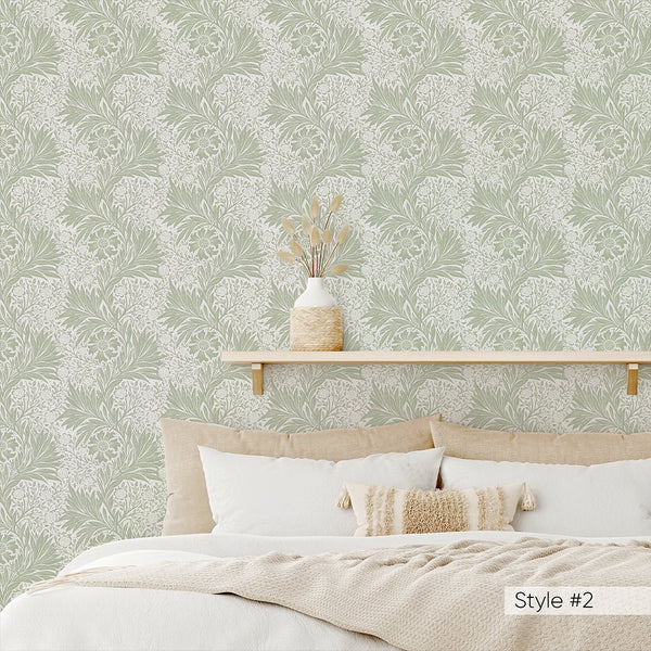 Beige & Green Marigold by Morris Wallpaper W129 - CostaCover - Peel and stick Removable Wallpaper - abstract floral - abstract wallpaper - accent wallpaper