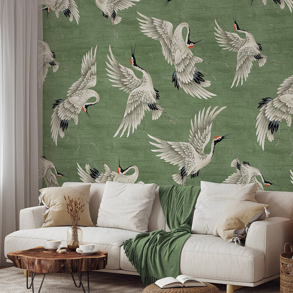 Flying Green Japanese Cranes Wall Mural WM118 - CostaCover - Peel and stick Removable Wallpaper - accent wallpaper - adhesive wallpaper - animal texture