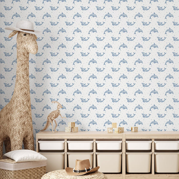 Blue Tiny Dolphins Wallpaper S086 - CostaCover - Peel and stick Removable Wallpaper - accent wallpaper - adhesive wallpaper - baby bedroom