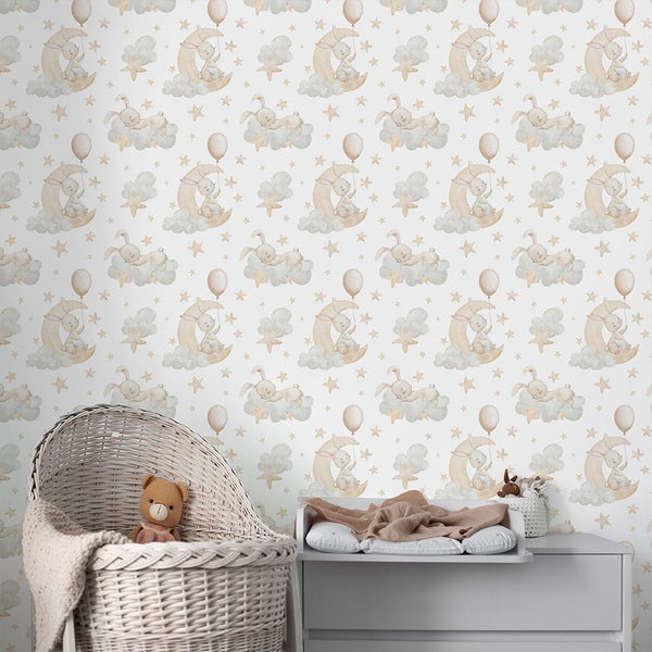 Cute Bunnies on Clouds Wallpaper S108 - CostaCover - Peel and stick Removable Wallpaper - accent wallpaper - adhesive wallpaper - animal print