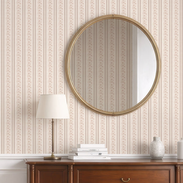 Beige Taupe Floral Stripe Wallpaper L128
