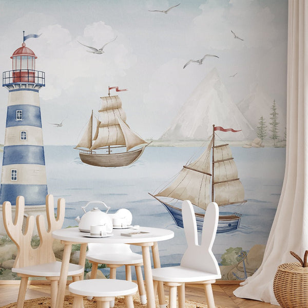 Blue Nautical Lighthouse Wall Mural AM149 - CostaCover-Peel and stick Removable Wallpaper-accent wallpaper-adhesive wallpaper-baby bedroom