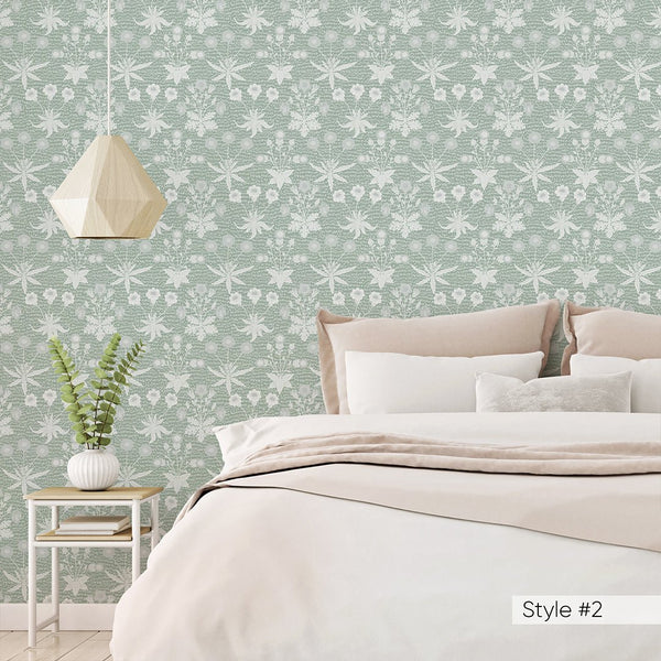 Pink Green Daisy by Morris Wallpaper W131 - CostaCover - Peel and stick Removable Wallpaper - abstract floral - abstract wall art - abstract wallpaper