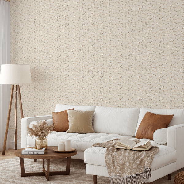 Beige Floral Vine Wallpaper's subtle botanical design is perfect for cottagecore-themed bedrooms seeking gentle detail.