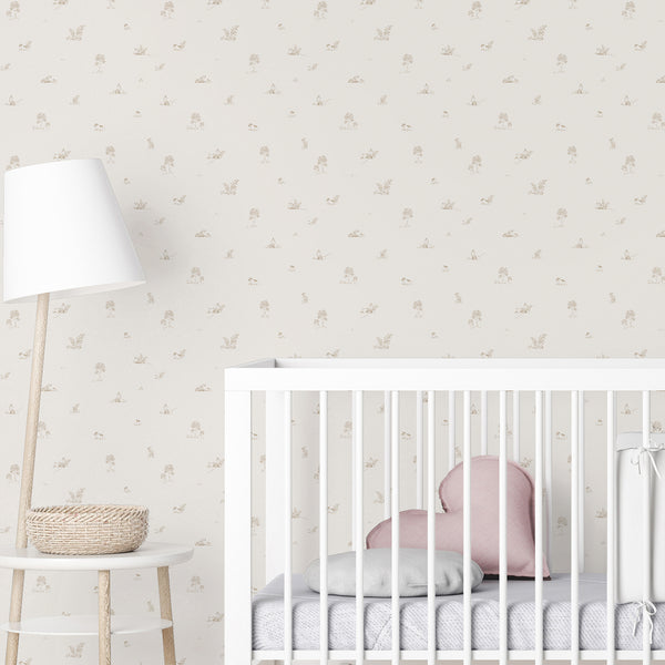 Soft beige and sand-colored nursery wallpaper with foxes and woodland elements, perfect for a modern Scandinavian nursery or kids' room. This removable wallpaper offers a delicate touch with its sketchy linework and open spacing, creating a calm and inviting space for children.