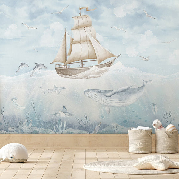 Blue Beige Sailboat & Whale Wall Mural AM152 - CostaCover-Peel and stick Removable Wallpaper-accent wallpaper-adhesive wallpaper-baby bedroom