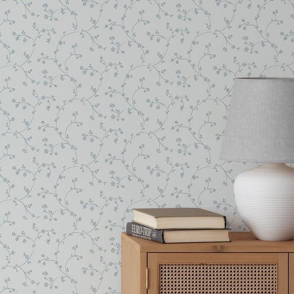Dusty Blue Floral Vine Wallpaper L113