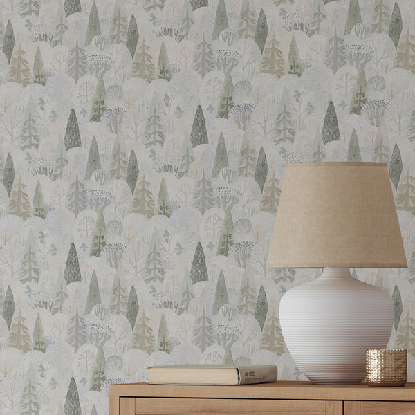 Minimalist forest wallpaper featuring abstract pine trees, overlapping woodland shapes and small birds in a soft Scandinavian-inspired botanical pattern.