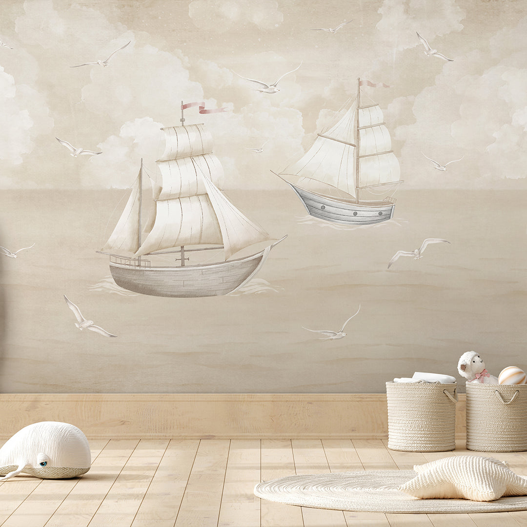 Vintage Beige Sailboats Wall Mural AM153