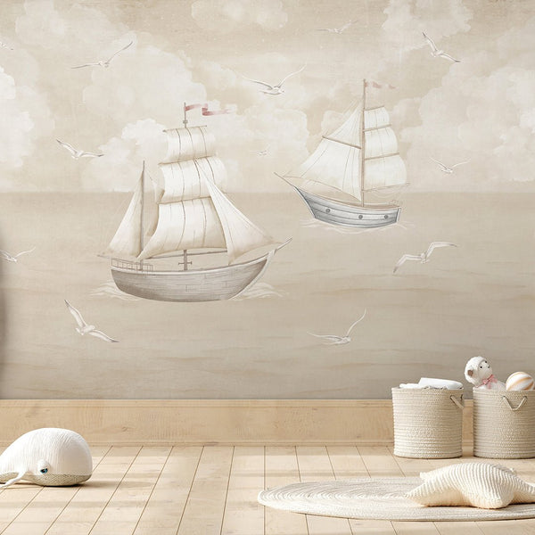Vintage Beige Sailboats Wall Mural AM153 - CostaCover-Peel and stick Removable Wallpaper-abstract wallpaper-accent wallpaper-adhesive wallpaper
