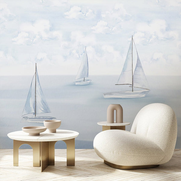 Pastel Blue Sailboats Wall Mural AM154 - CostaCover-Peel and stick Removable Wallpaper-accent wallpaper-adhesive wallpaper-baby bedroom