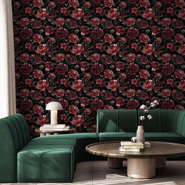 Dark Burgundy Flowers Wallpaper S057 - CostaCover - Peel and stick Removable Wallpaper - abstract wallpaper - accent wallpaper - adhesive wallpaper