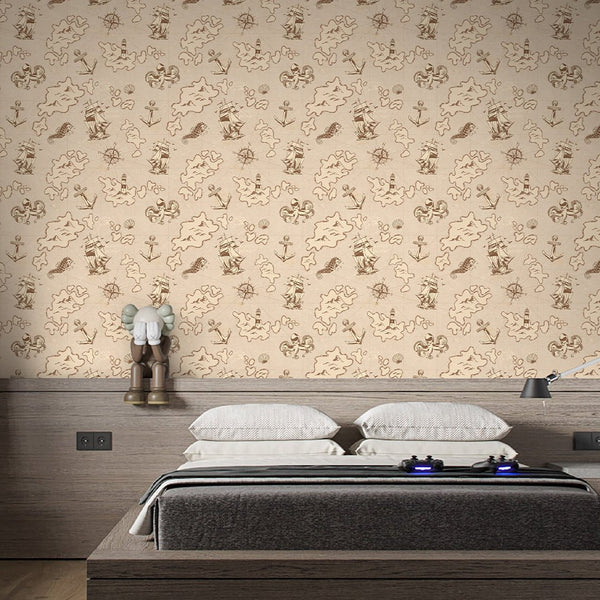 Beige Nautical Map Wallpaper A088 - CostaCover-Peel and stick Removable Wallpaper-abstract wall art-abstract wallpaper