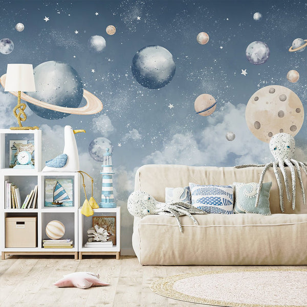 Blue Planets in Space Wall Mural SM091 - CostaCover - Peel and stick Removable Wallpaper - abstract wall art - accent wallpaper - adhesive wallpaper