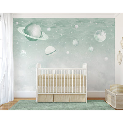 Light Green Planets in Space Wall Mural SM089
