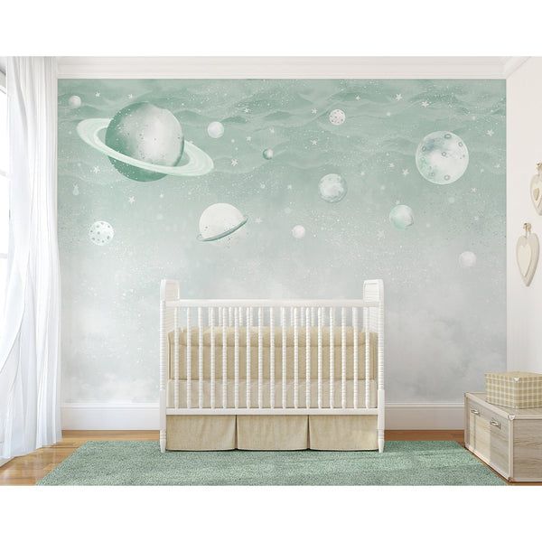 Light Green Planets in Space Wall Mural SM089 - CostaCover - Peel and stick Removable Wallpaper - accent wallpaper - adhesive wallpaper - baby bedroom