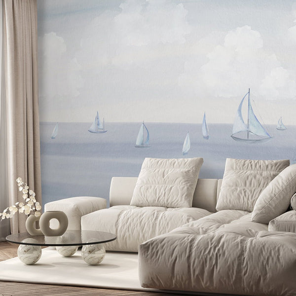 Pastel Blue Sailing Boats Wall Mural AM156 - CostaCover-Peel and stick Removable Wallpaper-accent wallpaper-adhesive wallpaper-baby bedroom