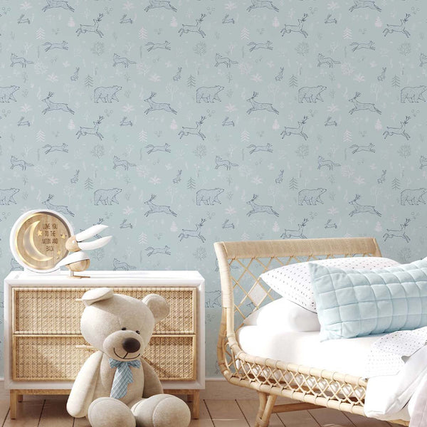 Mint Blue Forest Animals Wallpaper S038 - CostaCover - Peel and stick Removable Wallpaper - abstract forest - abstract wallpaper - accent wallpaper