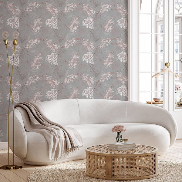 Gray & Pink Palm Leaves Wallpaper W133 - CostaCover - Peel and stick Removable Wallpaper - abstract wall art - abstract wallpaper - accent wallpaper