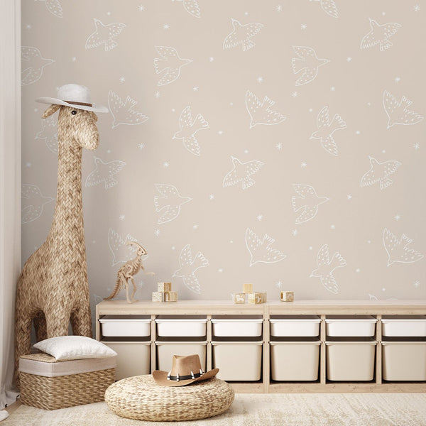 Beige White Birds Wallpaper S054 - CostaCover - Peel and stick Removable Wallpaper - abstract lines - abstract wall art - abstract wallpaper