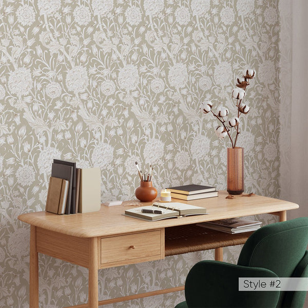 Green Beige Wild Tulip by Morris Wallpaper W111 - CostaCover - Peel and stick Removable Wallpaper - abstract floral - abstract wallpaper - accent wallpaper