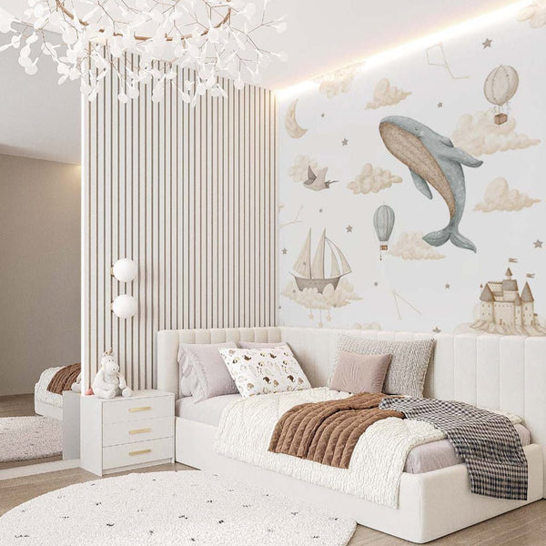 Whale Balloon Sky Cloud Wall Mural SM007 - CostaCover - Peel and stick Removable Wallpaper - accent wallpaper - adhesive wallpaper - air balloon