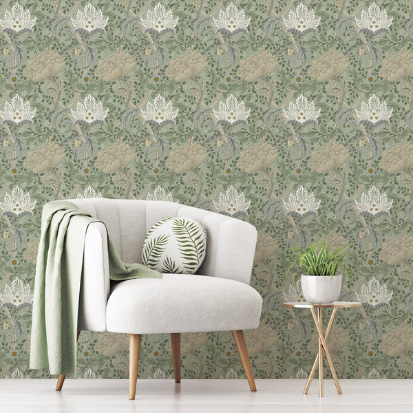 William Morris-inspired Windrush wallpaper with stylized floral patterns and acanthus leaves in sage green. Ideal for dining rooms or offices, offering a sophisticated, rhythmic design with a vintage touch.