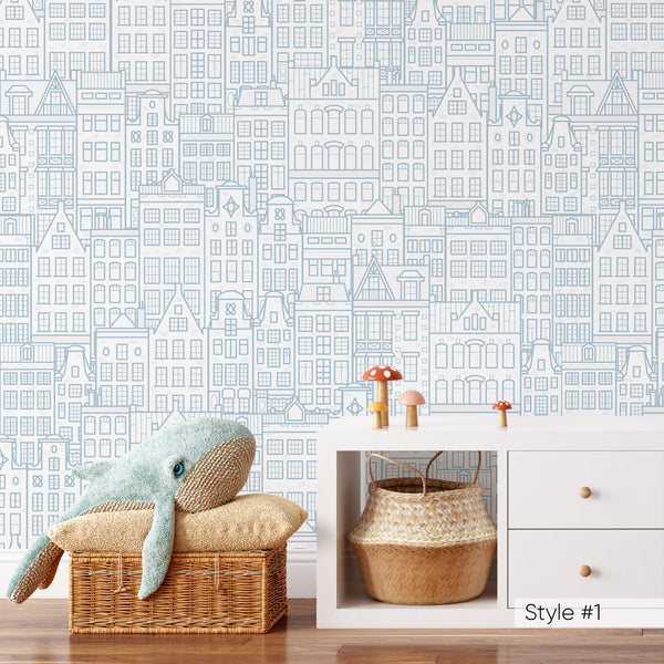 Blue Pink Beige City Houses Wallpaper CC311 - CostaCover - Peel and stick Removable Wallpaper - Abstract - Abstract Labyrinth Lines - abstract lines