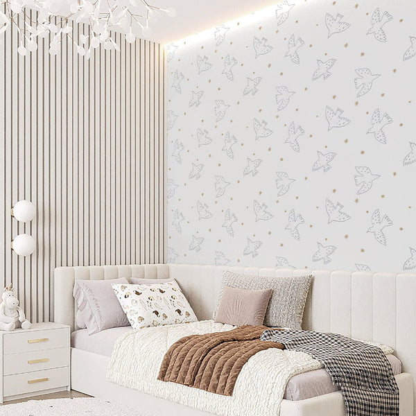 Gray Birds & Stars Wallpaper S050 - CostaCover - Peel and stick Removable Wallpaper - abstract lines - abstract wallpaper - accent wallpaper