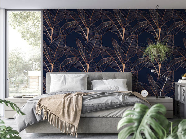 Dark Blue Banana Leaves Wallpaper CC318 - CostaCover - Peel and stick Removable Wallpaper - abstract floral - aqua blue - Aqua blue wallpaper