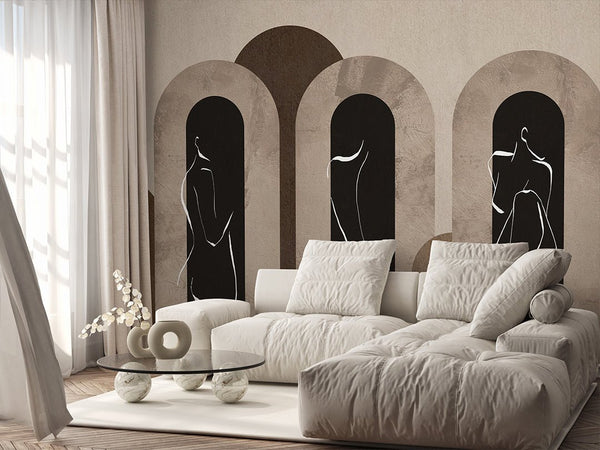 Beige Brown Arches & Girl Lines Wall Mural AM060 - CostaCover - Peel and stick Removable Wallpaper - Abstract - abstract arches - abstract floral