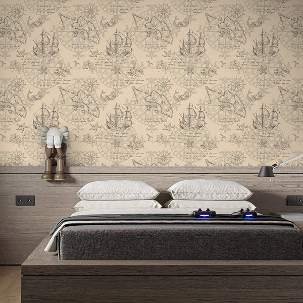 Vintage Nautical Map Wallpaper A091 - CostaCover-Peel and stick Removable Wallpaper-abstract wall art-abstract wallpaper-accent wallpaper