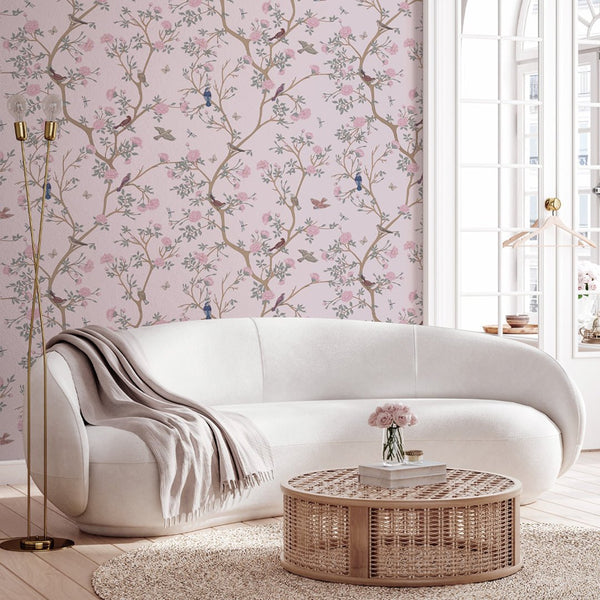 Pink Blossom Trees & Birds Wallpaper W059 - CostaCover - Peel and stick Removable Wallpaper - accent wallpaper - adhesive wallpaper - baby bedroom
