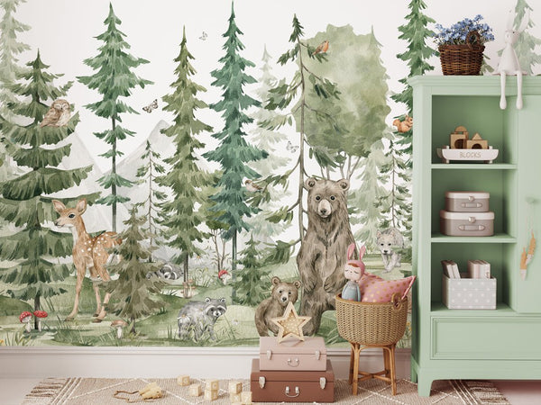Wild Animals in Forest Wall Mural WM056 - CostaCover - Peel and stick Removable Wallpaper - accent wallpaper - adhesive wallpaper - animal print