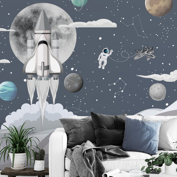 Grey Space & Star Ship Wall Mural WM063 - CostaCover - Peel and stick Removable Wallpaper - abstract wall art - abstract wallpaper - accent wallpaper