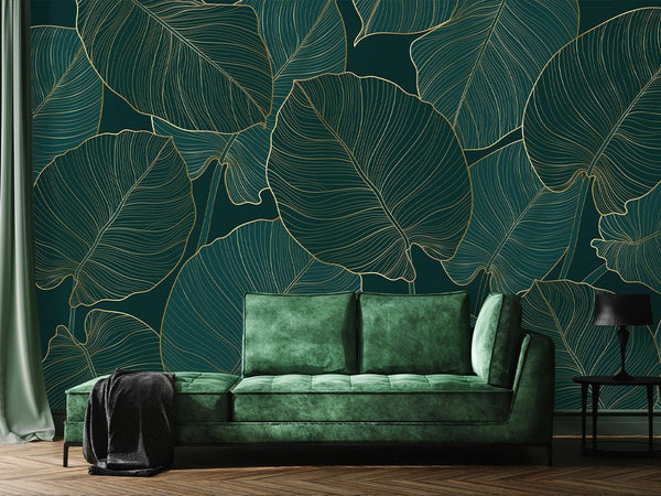 Green Gold Effect Leaves Wall Mural CCM179 - CostaCover - Peel and stick Removable Wallpaper - Abstract - abstract floral - abstract lines